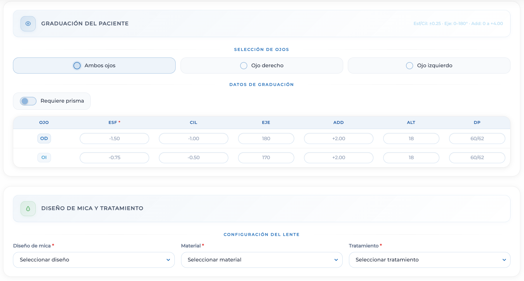 Graduación del paciente y configuración de lente en Nimrud